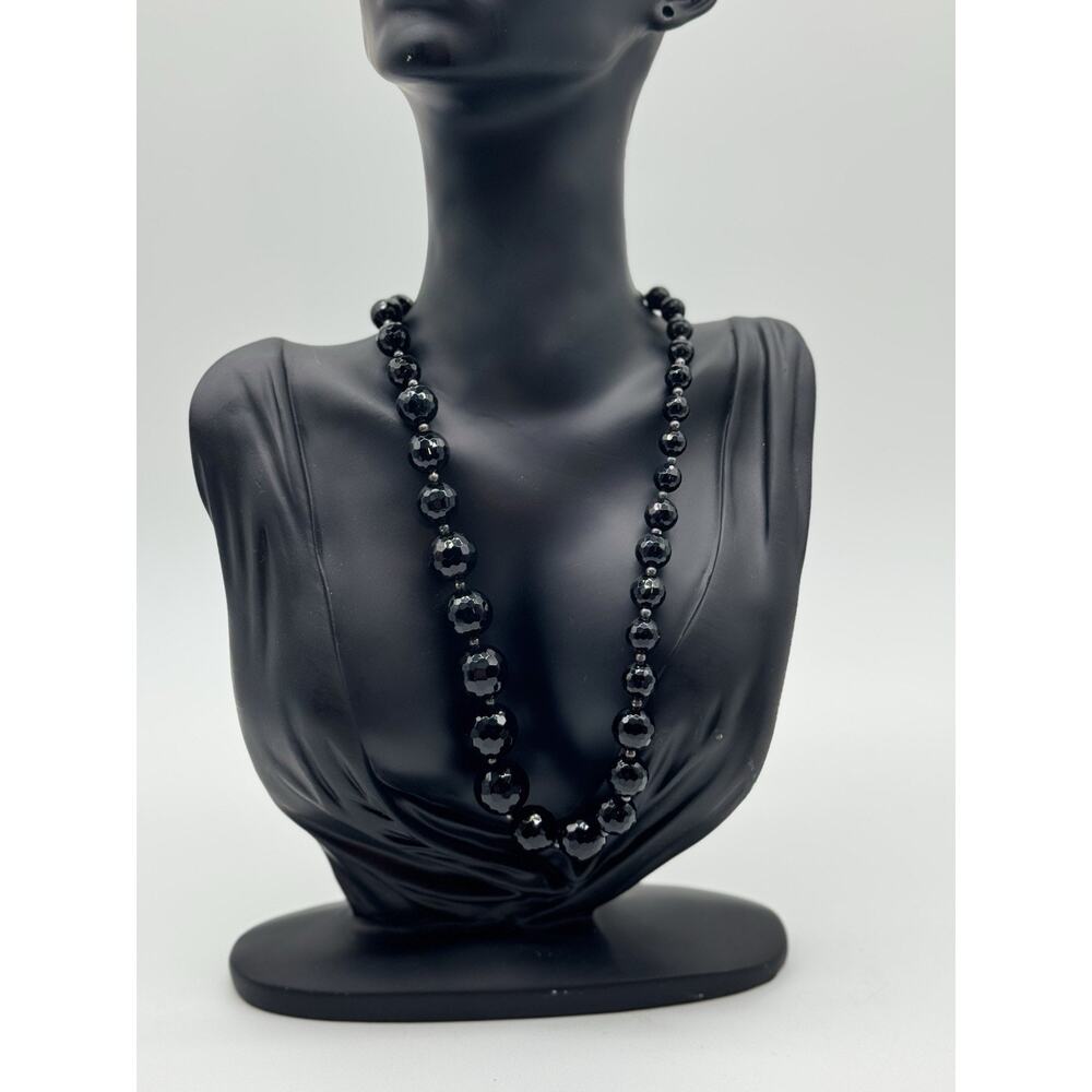 Vintage 24” Black Faceted Bead Necklace Sterling 925 Toggle Graduated Statement